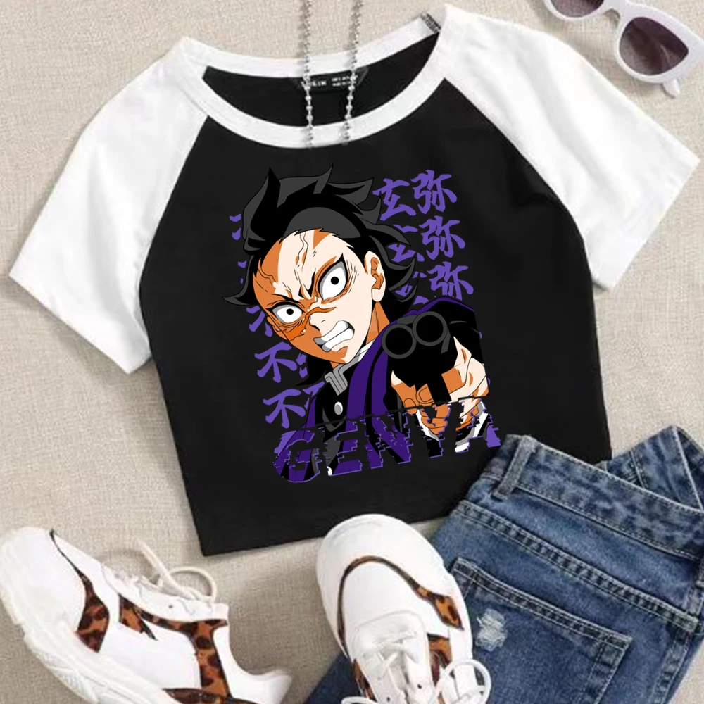 Anime Demon Slayer Shinazugawa Genya Crop Tops T-Shirt Girls Fashion Women O-Neck Short Sleeve Fans Gift T-shirt