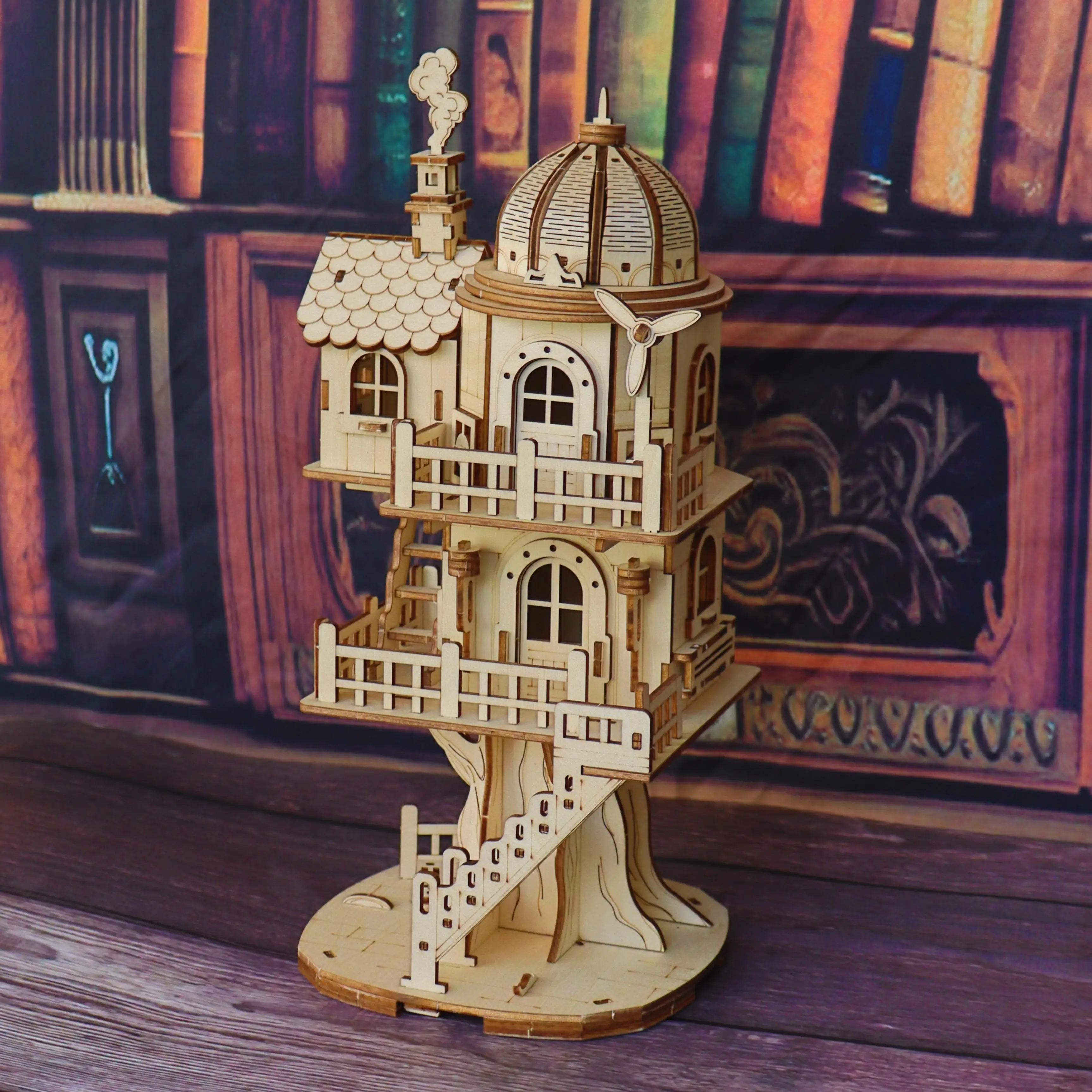 3D wooden puzzle model of treehouse, wooden forest cottage villa, multi story dome building assembly model, handmade DIY creativ