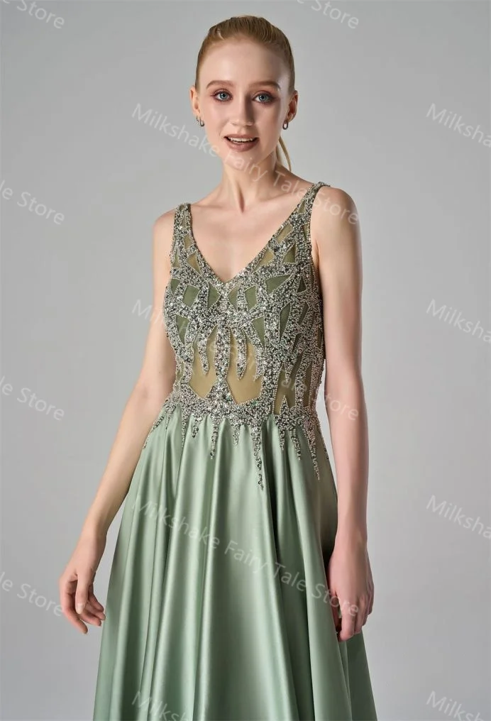 Green A Line Evening Dresses Glitter Lace Beads Sleeveless Prom Gowns V Neck Floor Length Customized Wedding Guest Gowns