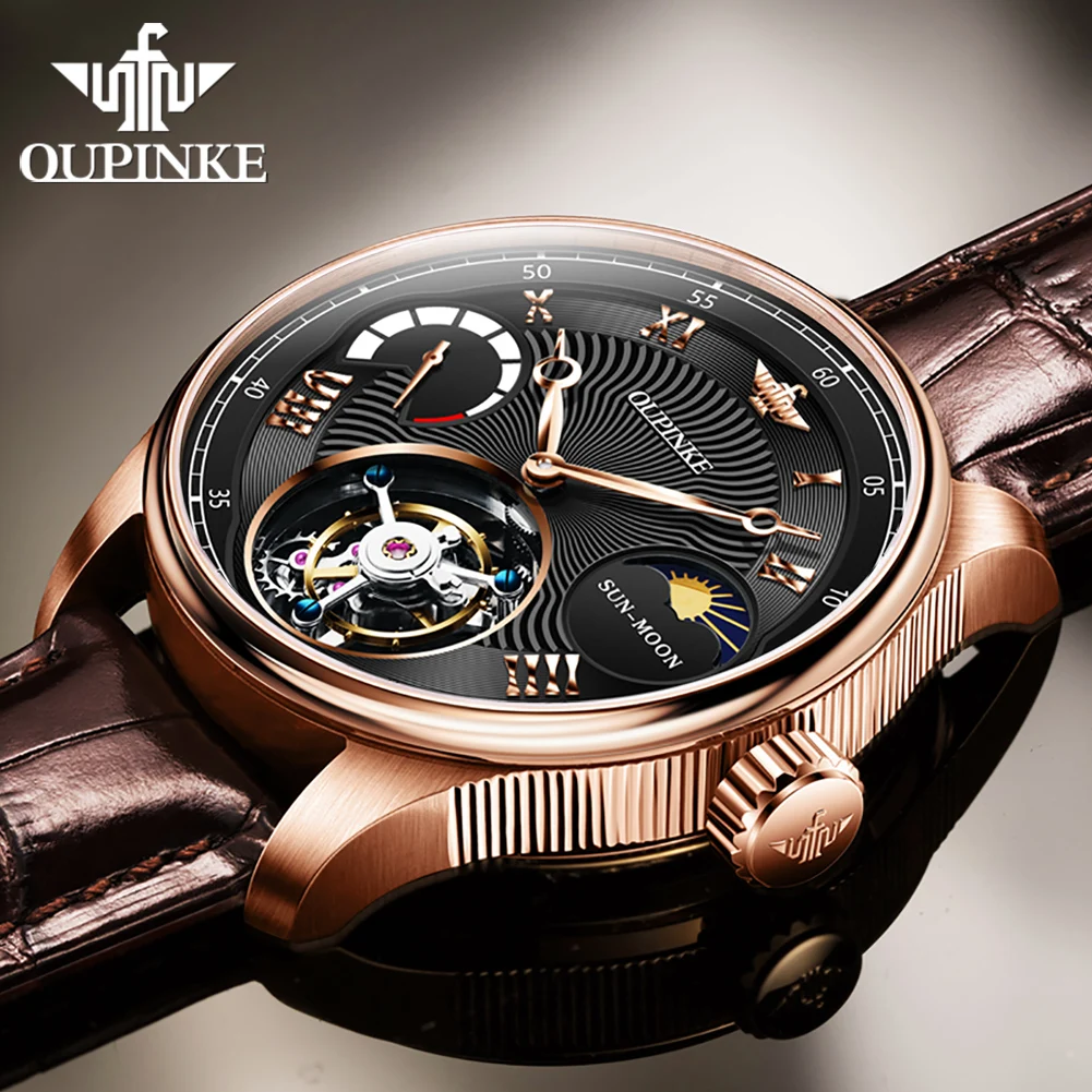 OUPINKE 8001 Original Tourbillon Watch Men Leather Strap Moon Phase Waterproof Business Luminous Man Automatic mechanical Watch