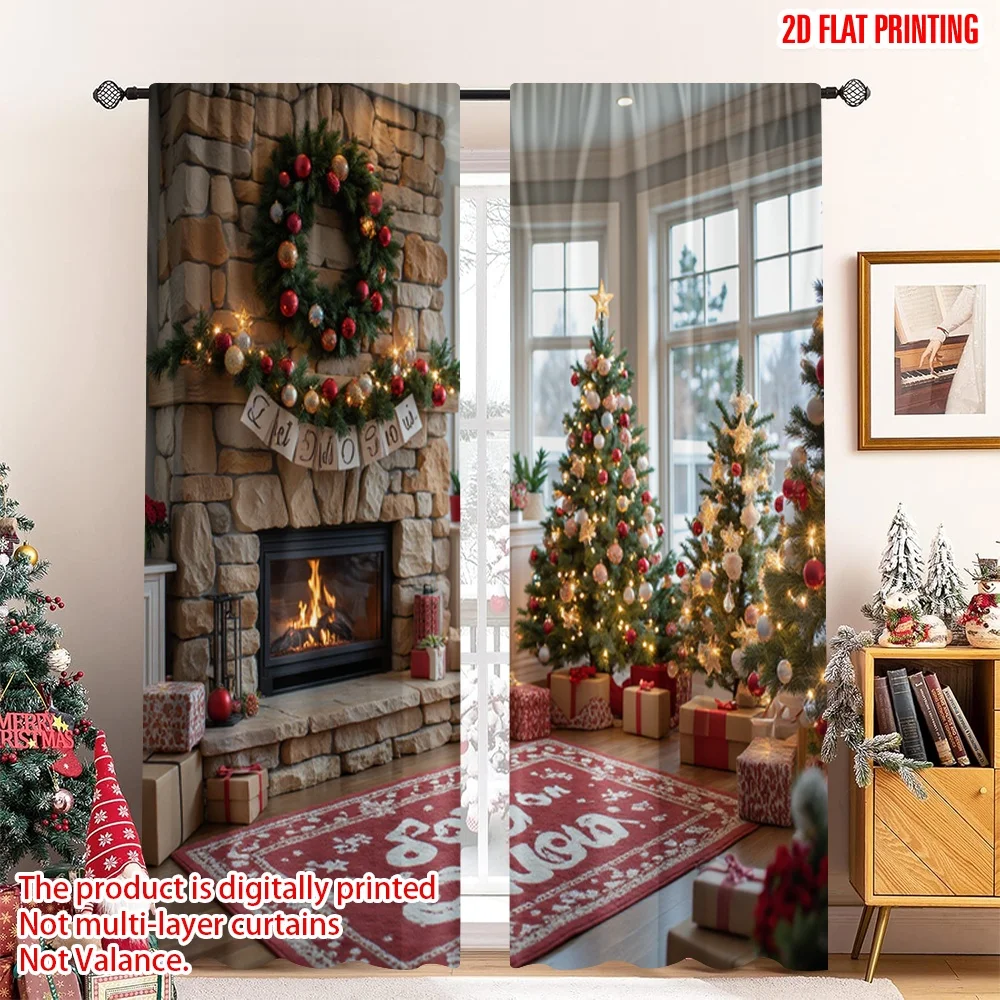 

2pcs 2D flat printing Merry Christmas Popular Curtain Christmas Fireplace Tree Gifts Polyester Without Electricity Spring Use