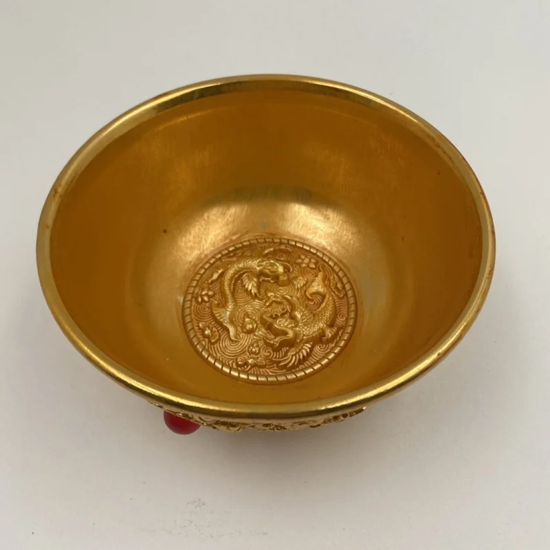 Copper Gilt Gem Bowl Qianlong Year Retro Court Royal Carved Gold Inlaid Jewel Golden Bowl Ornaments