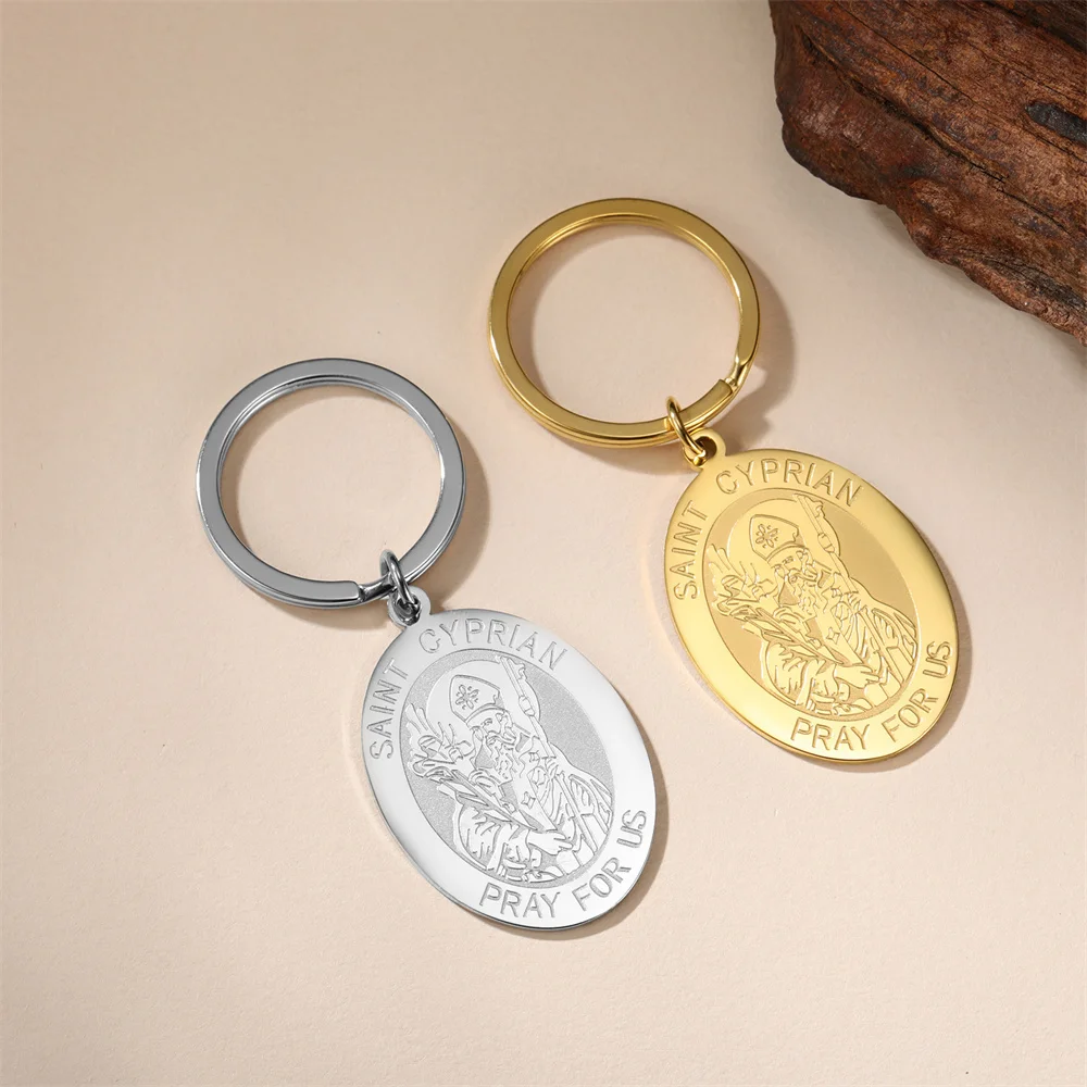 Jeshayuan Archangel Saint Cyprian Pendant Keychain Stainless Steel Protection Amulet Religious Car Kay Rings for Women Jewelry