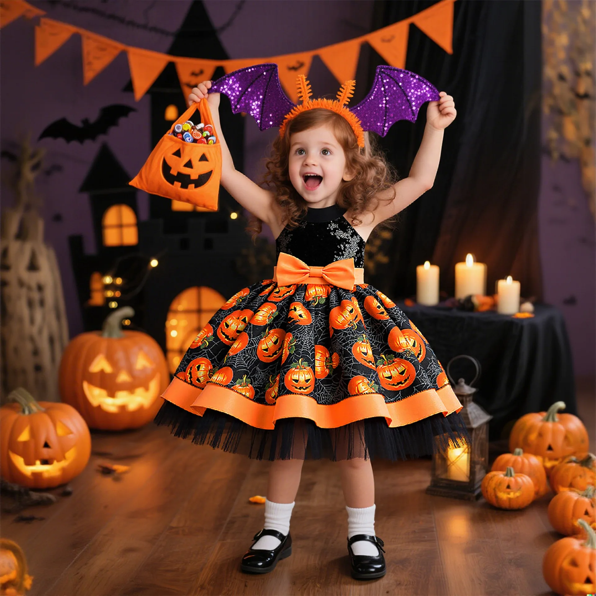 

Toddler Girls Halloween Pumpkin Print Sequins Tulle Dress For Cute Kids Evil Cosplay Outfit Party Carnival Fancy Dress Up