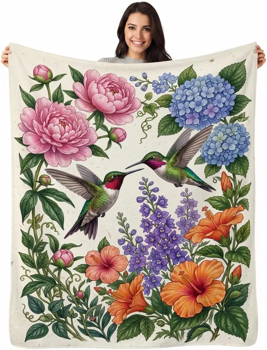 Hummingbird Peony Hydrangea Hibiscus Floral Print Flannel Throw Blanket Soft Warm Sofa Bedroom Romantic Home Decor Gift