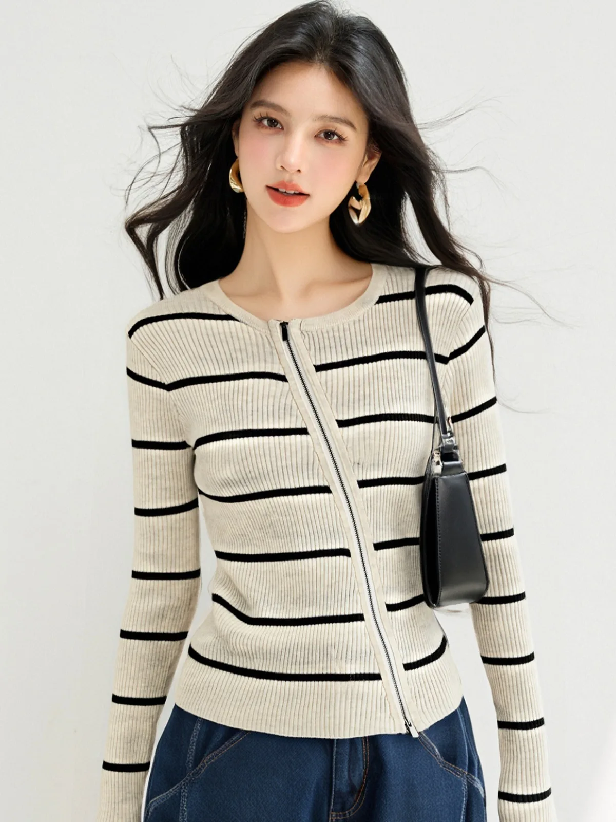 

zipper close sweaters women autumn striped pullovers