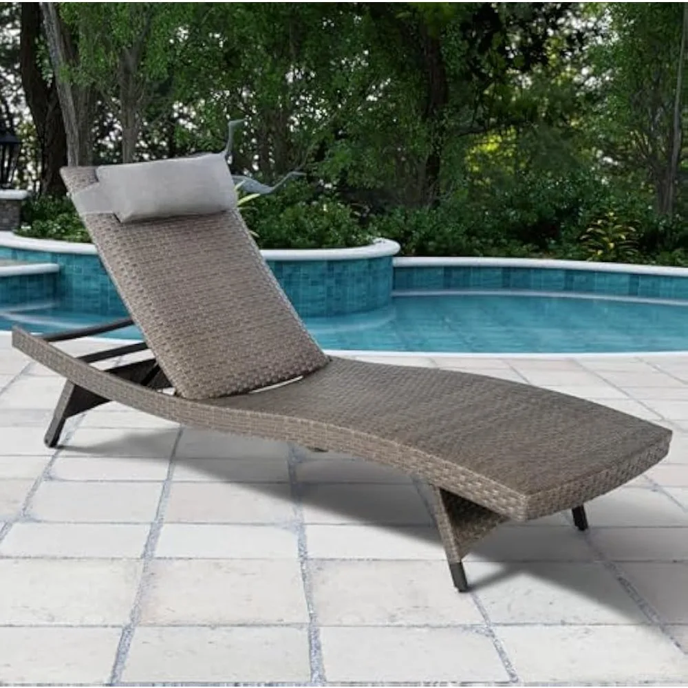 Outdoor Aluminum Chaise Lounge, Stackable Patio Wicker Lounge Chair with Adjustable Back, Wheels, Foam Padding, Headrest