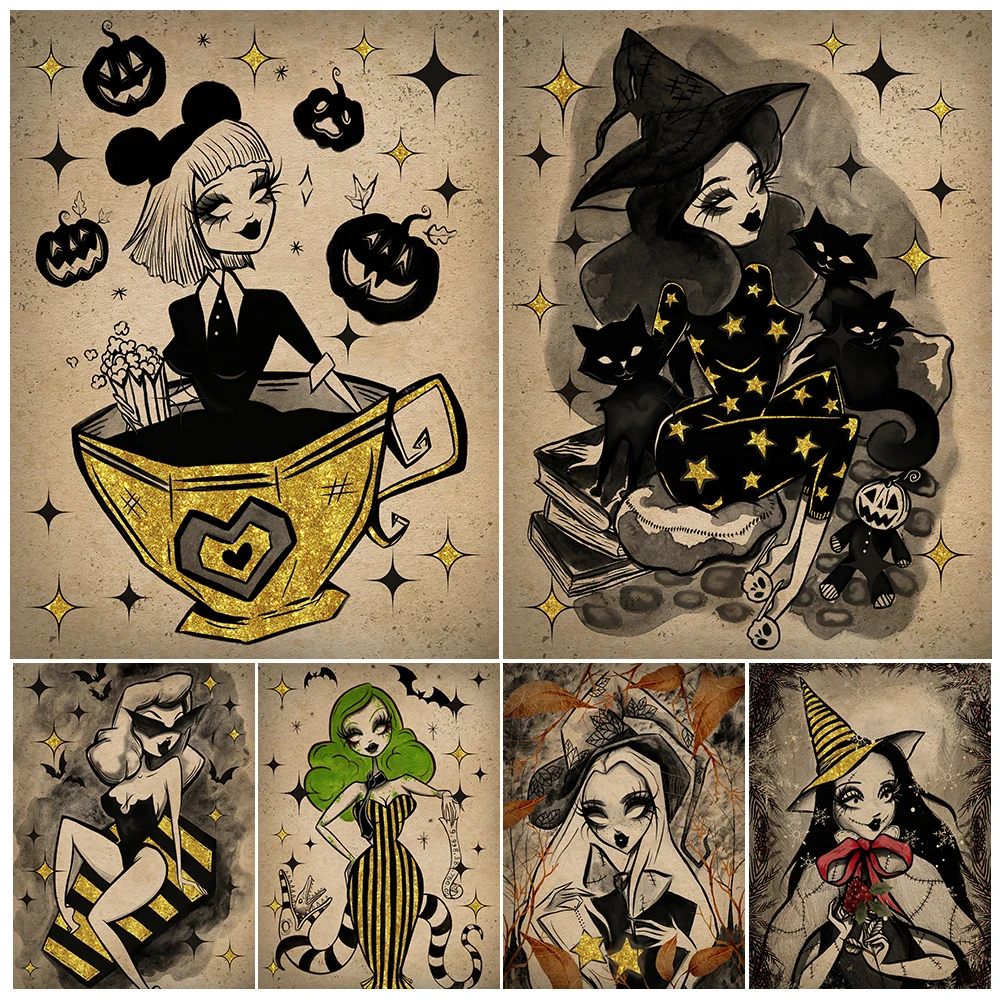Gothic Witch,Vampire Lady,Zombie Girl Vintage Wall Art Canvas Painting Dark Witchcraft&Magic Girl Art Poster Print Home Decor
