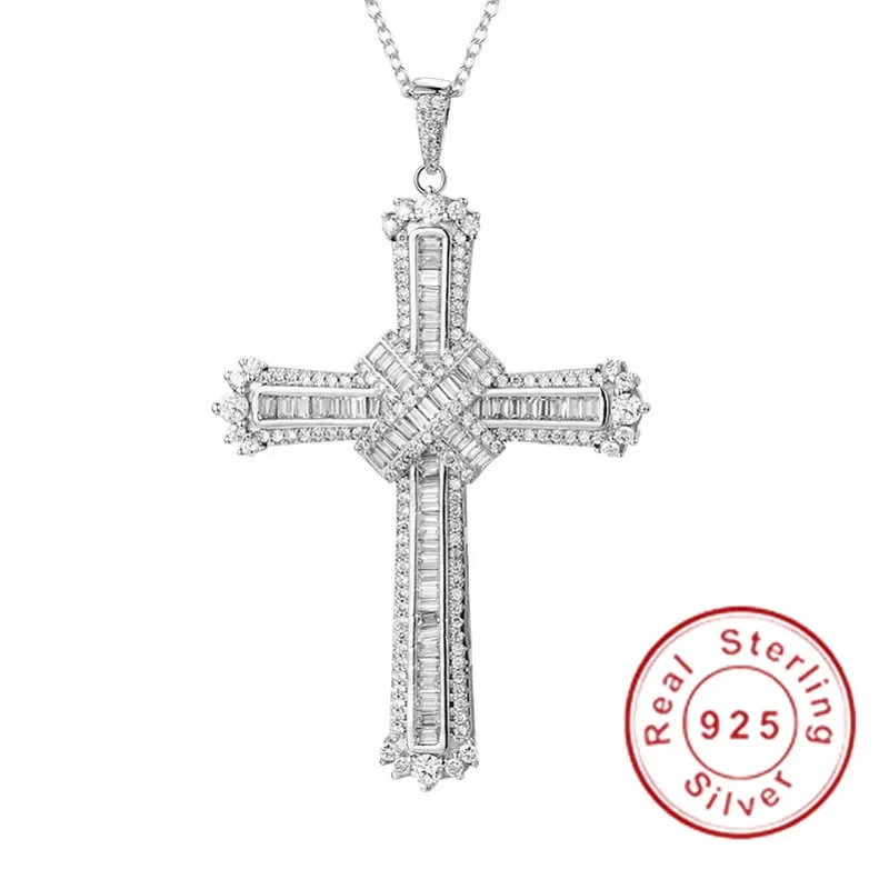 Vintage Big Cross Pendant Diamond 925 Sterling silver Cross Pendant Gemstone Necklace for Women Men Wedding Cocktail Jewelry