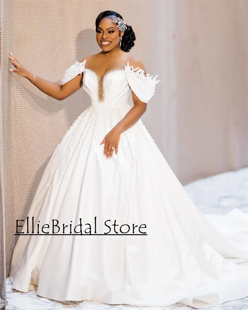 Princess White Wedding Dresses Sheer Neck Beading African Women Bridal Gowns Vestidos De Novia Boda Civil Customized