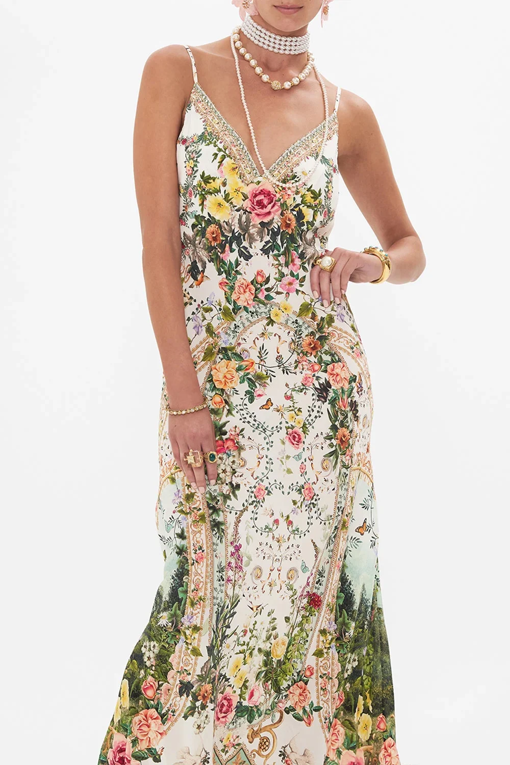 

Women's 100% Silk Maxi Dress Flower Printed Backless V-Neck Sleeveless High Waist Slim Elegant Maxi Dress