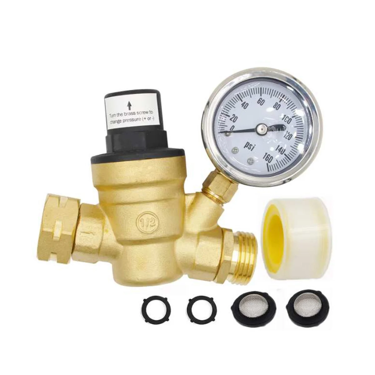 Adjustable Water Pressure Regulator RV Brass Water Pressure Reducer with Gauge and Inlet-Screened Filter