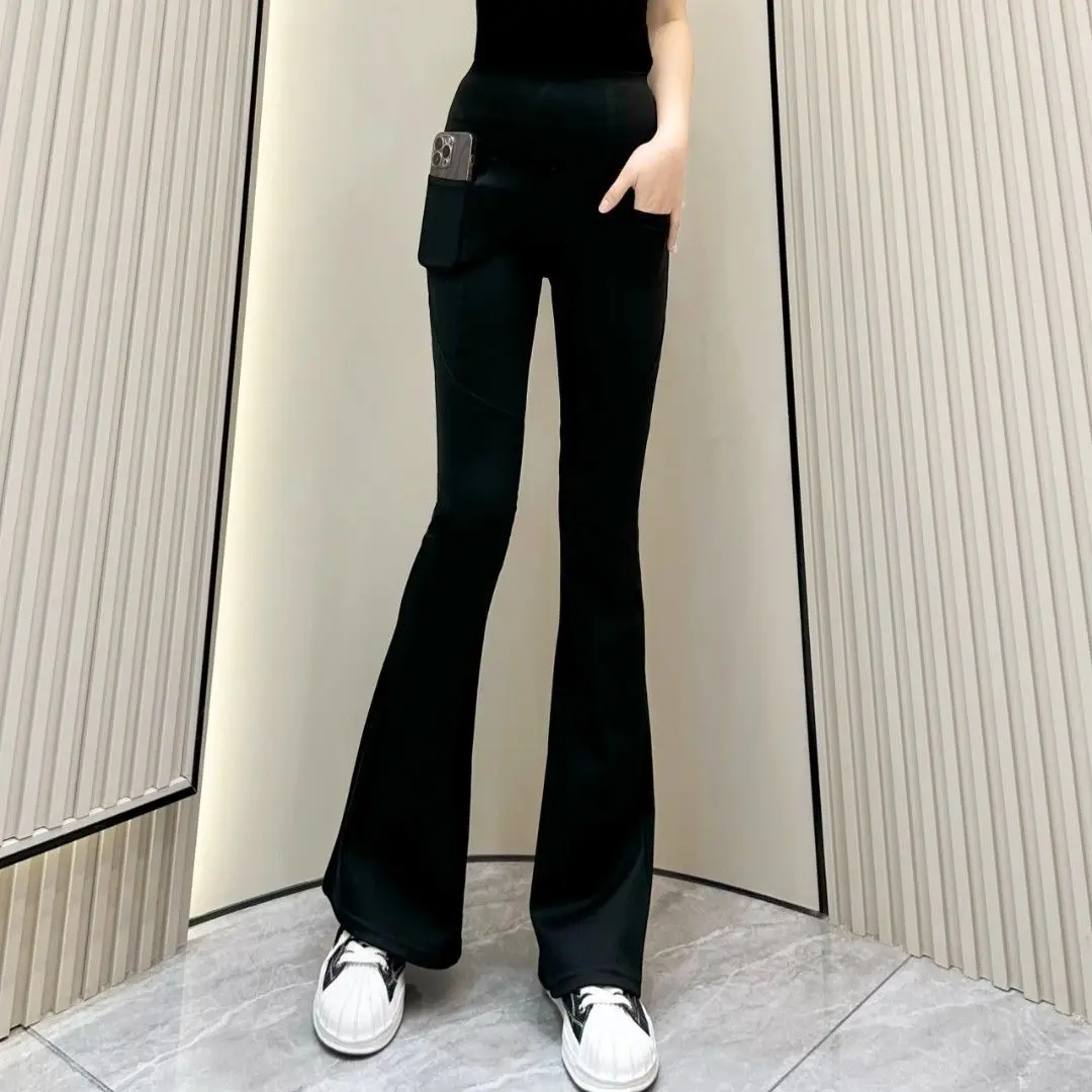 2023 New Black Front Pocket High Waist Flare Pants For Women's Casual Fashion Versatile Slim Fit Pants