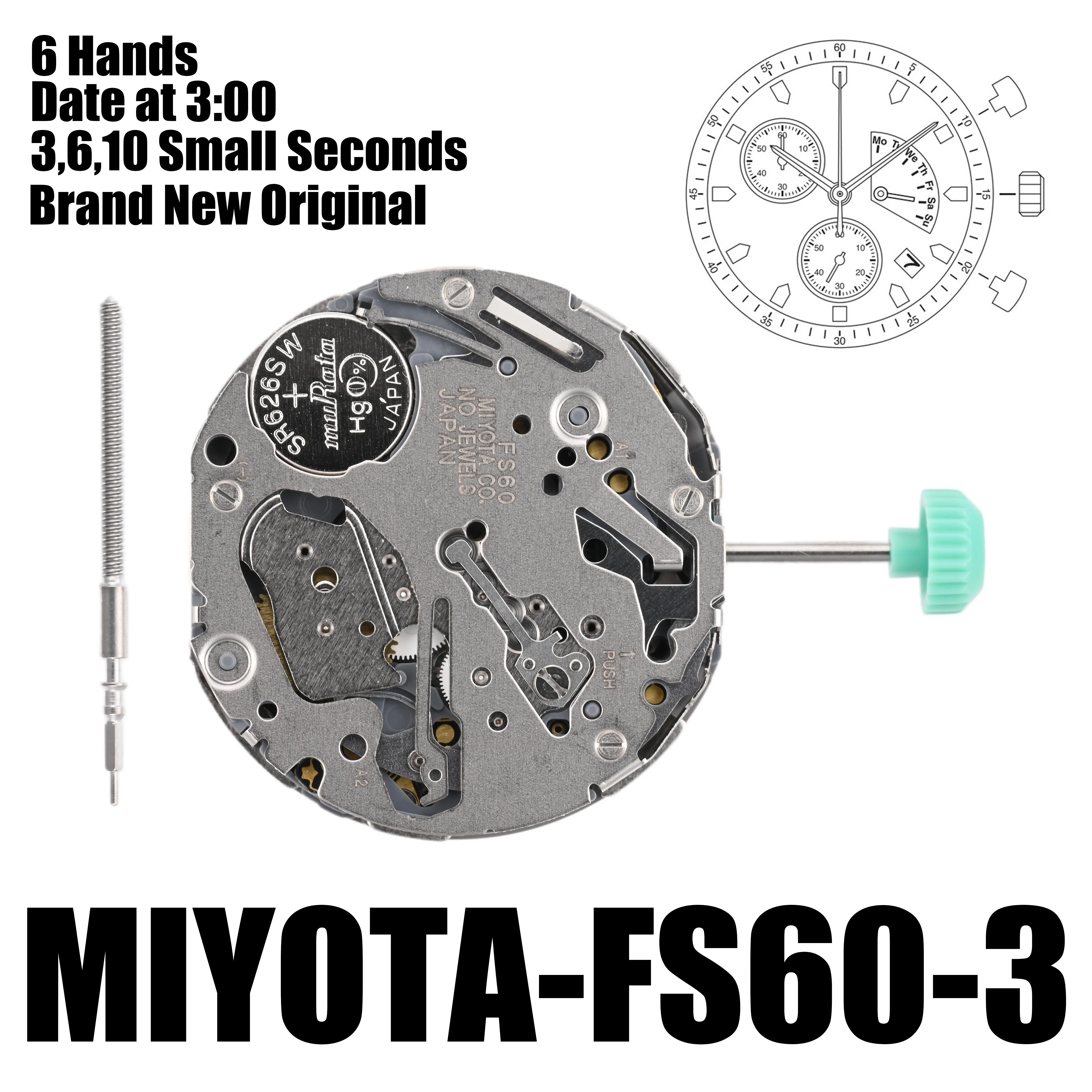 Brand New Orginal FS60 Movement Genuine Miyota FS60 Movement 6 Hands 2.6.10 Small Seconds Date Display Inclined At 3:00