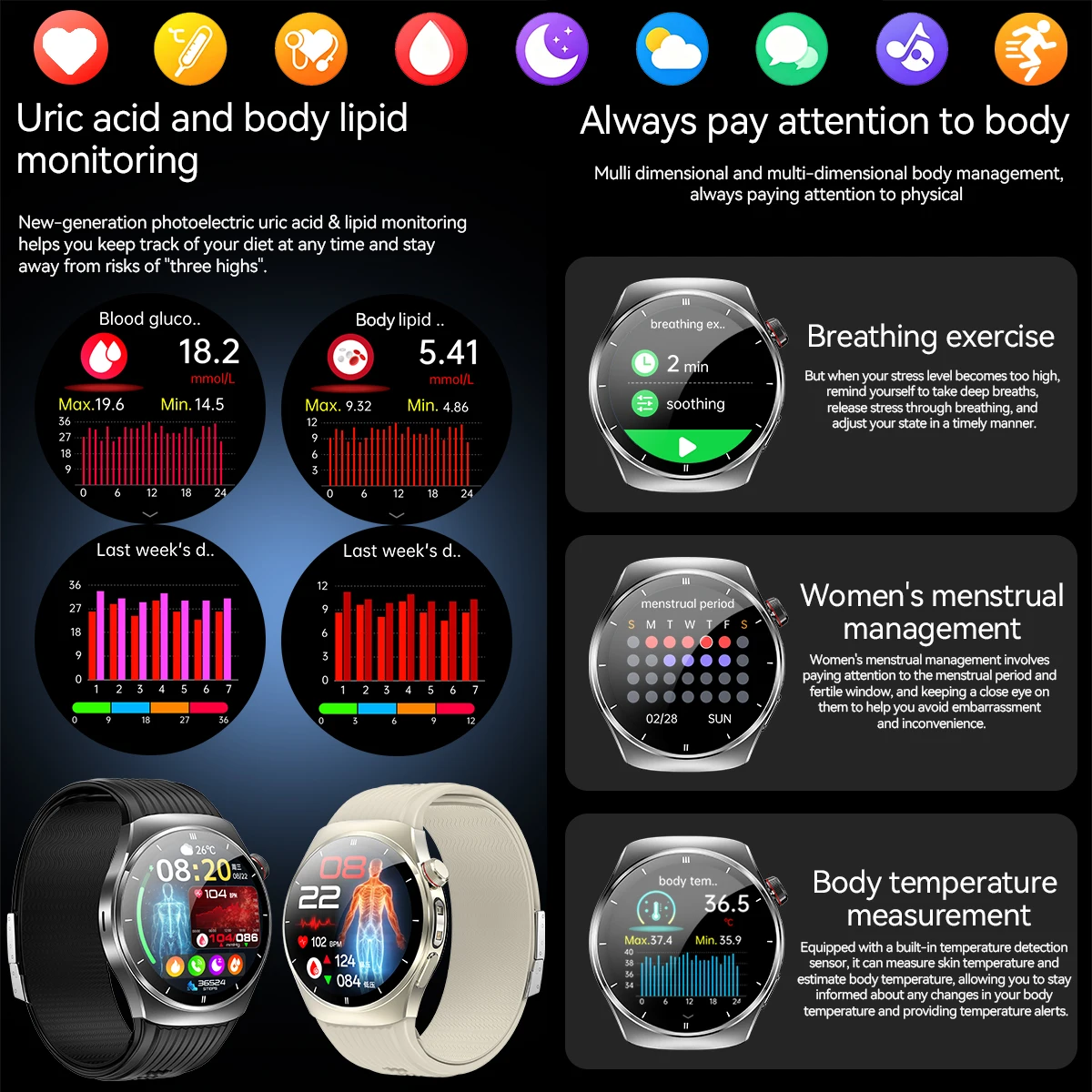 LIGE New Air Pump-Driven Cuff-Type Precision Blood Pressure Monitor Smart Watch ECG Health Monitor 530mAh Big Battery Smartwatch