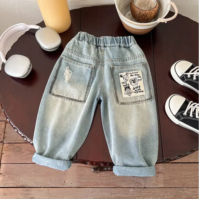 

Весенне-осенние джинсы для мальчиков-подростков, модные детские джинсы с героями мультфильмов, повседневные джинсовые штаны для мальчиков, прямые брюки для малышей 2–11 лет