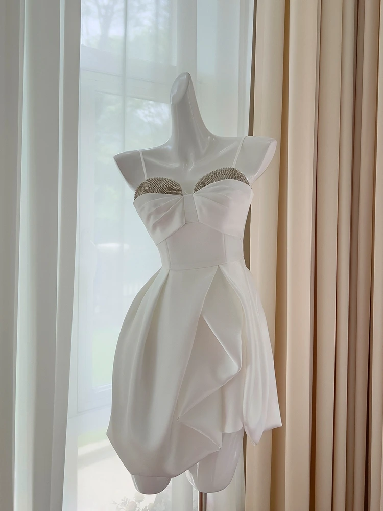 

Ele Off-oulder White Dr with Fine Rhinestone Chain High Waist ort Skirt Polyester Fiber Summer 2023 Daily Wear