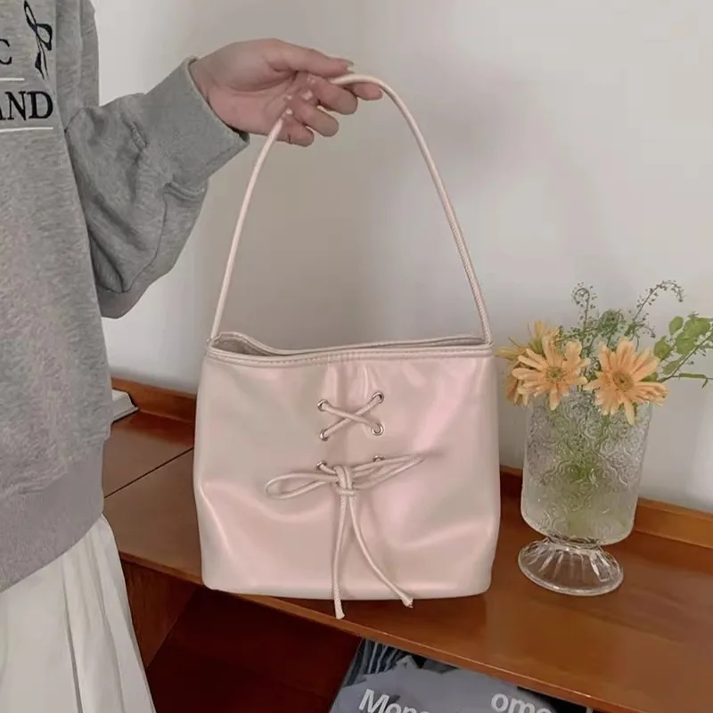 1 Pc Sweet Student Handbag for Girl Chic Elegant Pink Beige Color Bowknot Shoulder Bag Korean Fashion Makeup Phone Earphone Bag