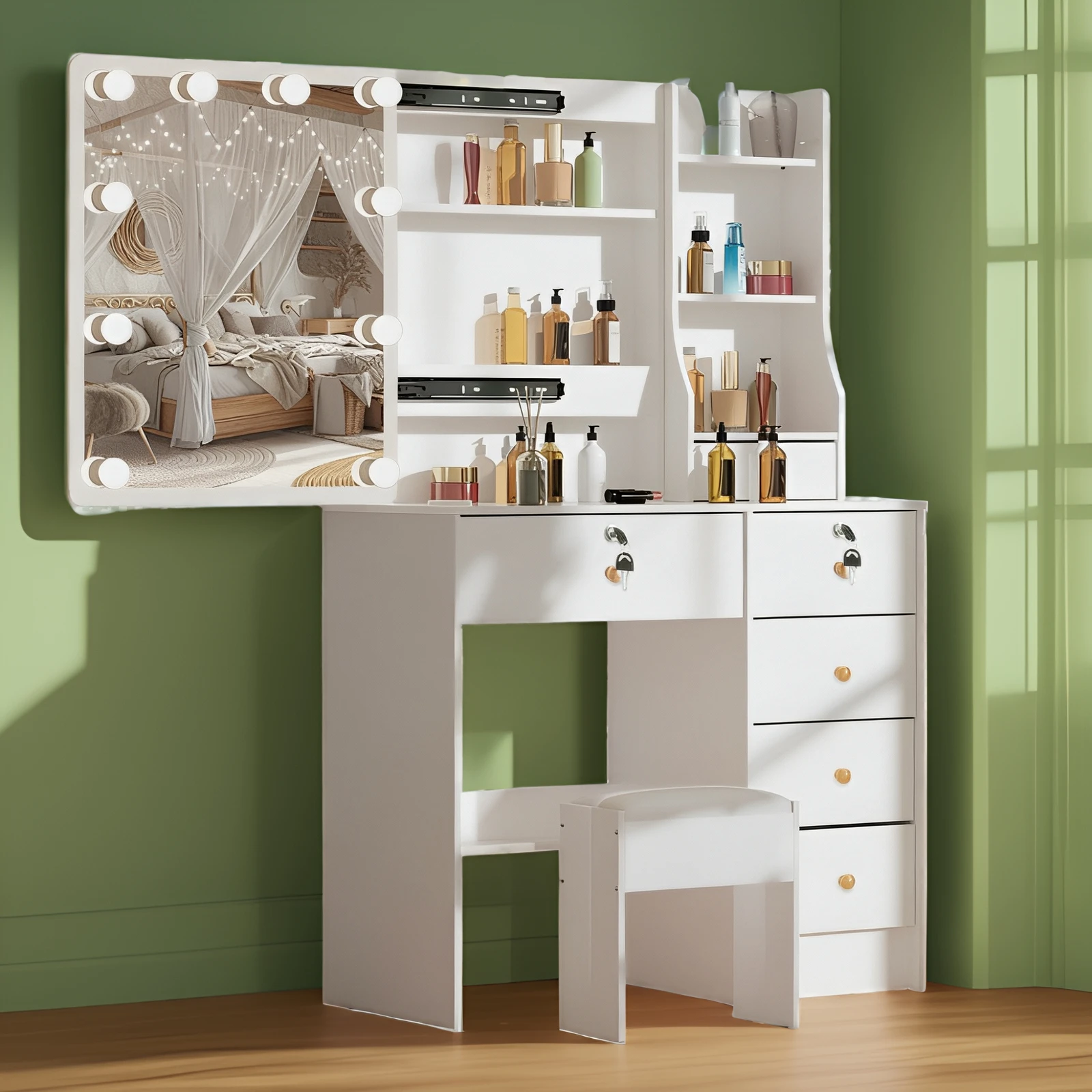 Dressing Table 6 Drawers LED Mirror Stool Set Vanity Table Bedroom Makeup Desk