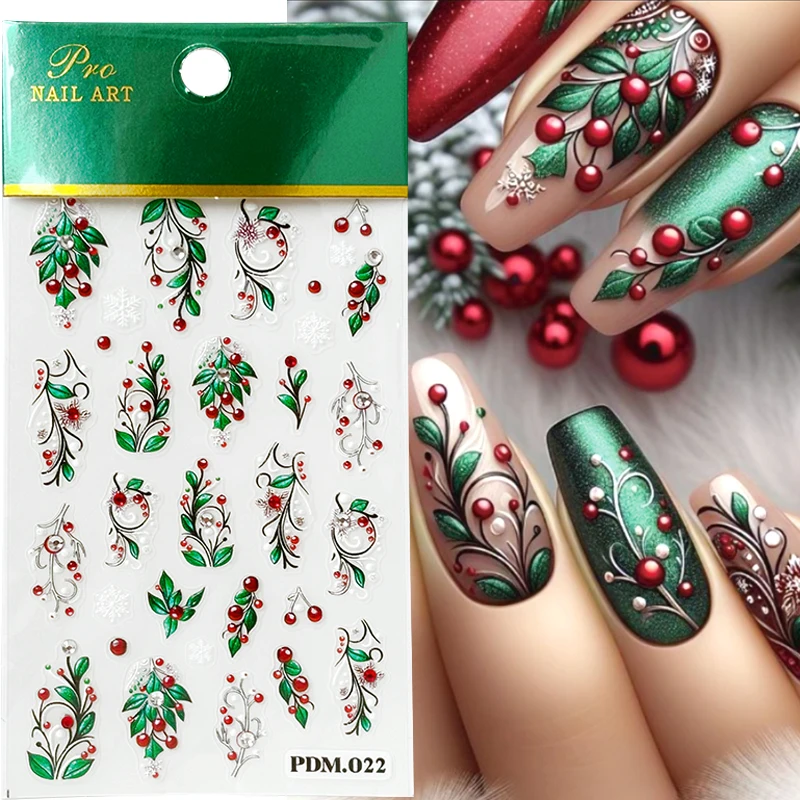 5D Christmas Embossed Nail Stickers Green Holly Leaves Floral Vine Adhesive Decals With Rhinestone Winter  Nail Art Decorations