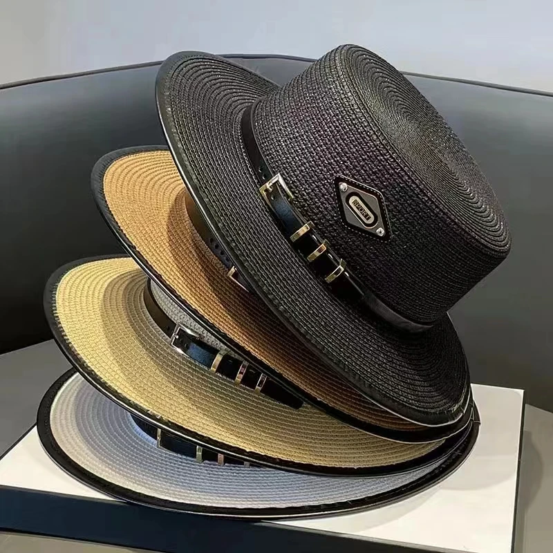 Trendy Luxury Designer Belt Buckle Flat Top Hat Summer Ladies Travel Sunshade Big Brim Straw Hats Retro Women Casual Bucket Cap