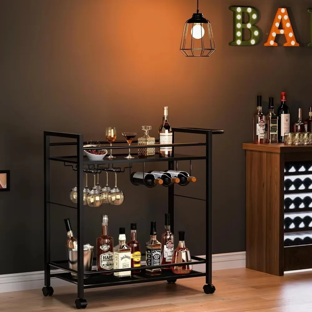 

Bar trolley, bar service trolley with storage rack, 2-tier rolling trolley with wheels, wine trolley with wine rack