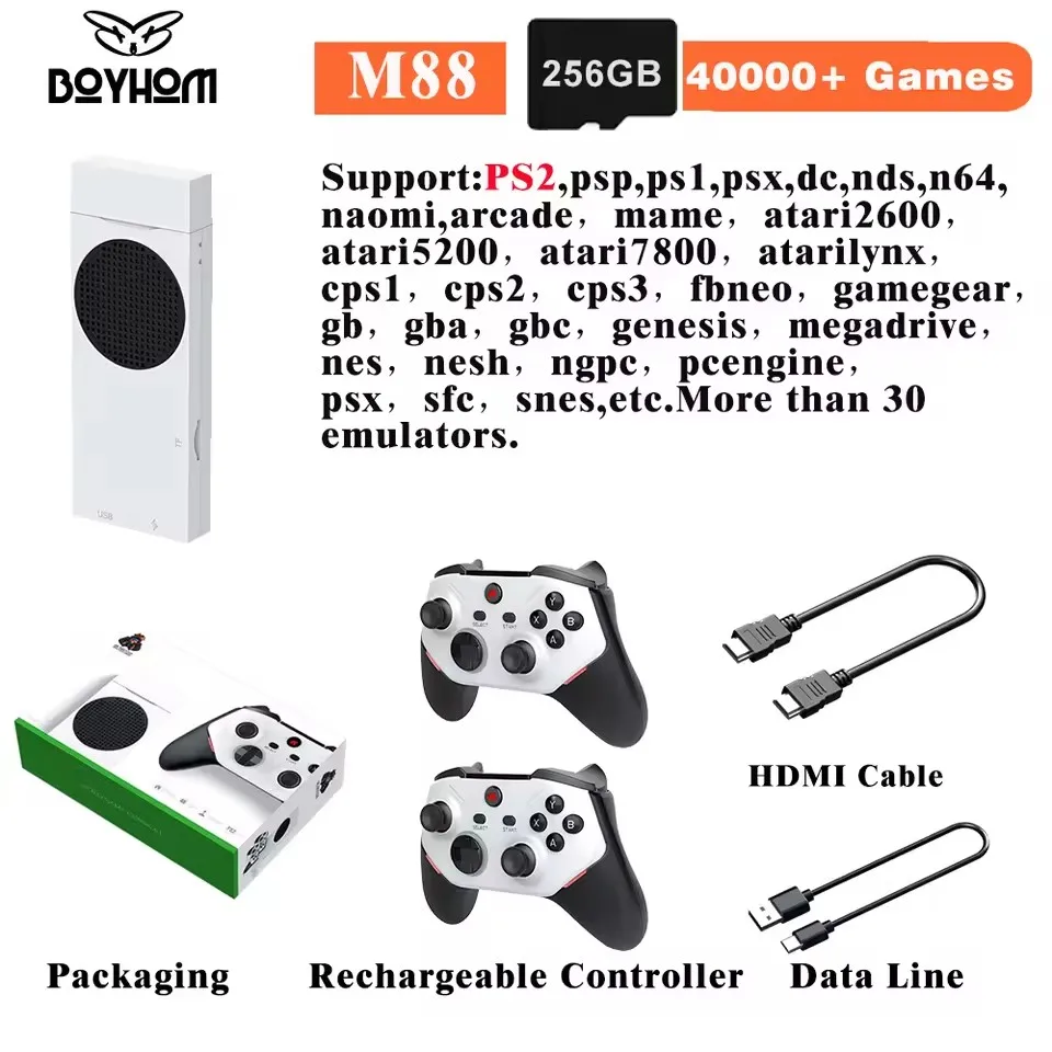 وحدة تحكم لاسلكية قابلة لإعادة الشحن M88 256G 4K HD 3D PS2 وحدة تحكم ألعاب فيديو TV 30+ أجهزة محاكاة 30000+ كلاسيكية بما في ذلك تنسيق FC