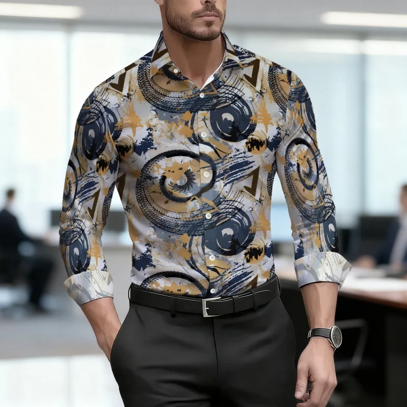 

Men's shirt retro fashion printed shirt slim fit business commuting long sleeved shirt spring and autumn trendy casual men's top
