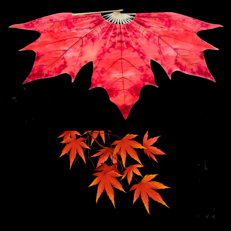 Maple Leaf Dance Fan Veil 2pcs Red Irregular Shape Women Stage Performance Show Props Double Sided Flowy Costume Accessory 71cm