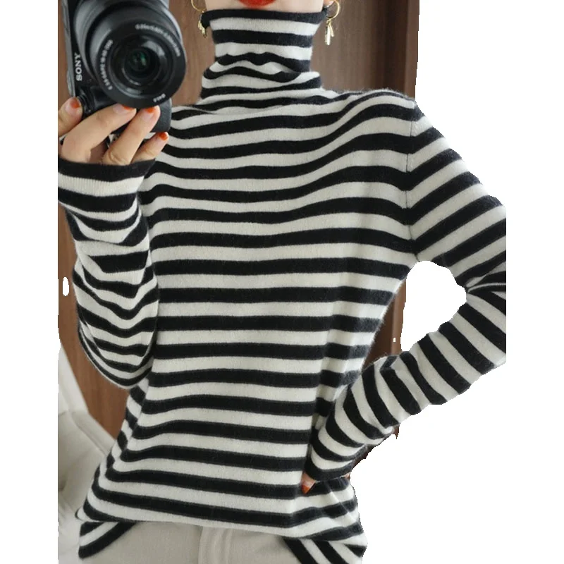 Autumn and Winter Thick Cashmere Knitted Shirt for Women's Fashionable Interior, Sweater Stacked High Collar Bottom, Striped Top