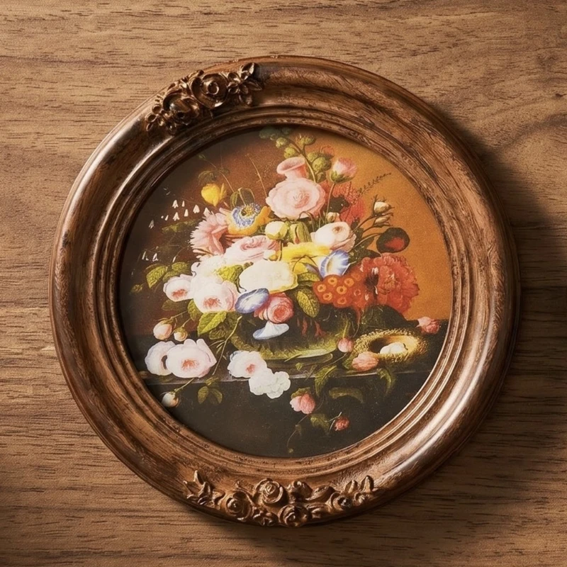 Round Decorative Picture Frame with Raised Floral Border, Resin Antique Ornate Photo Frame for Displaying Art Print. 37JD