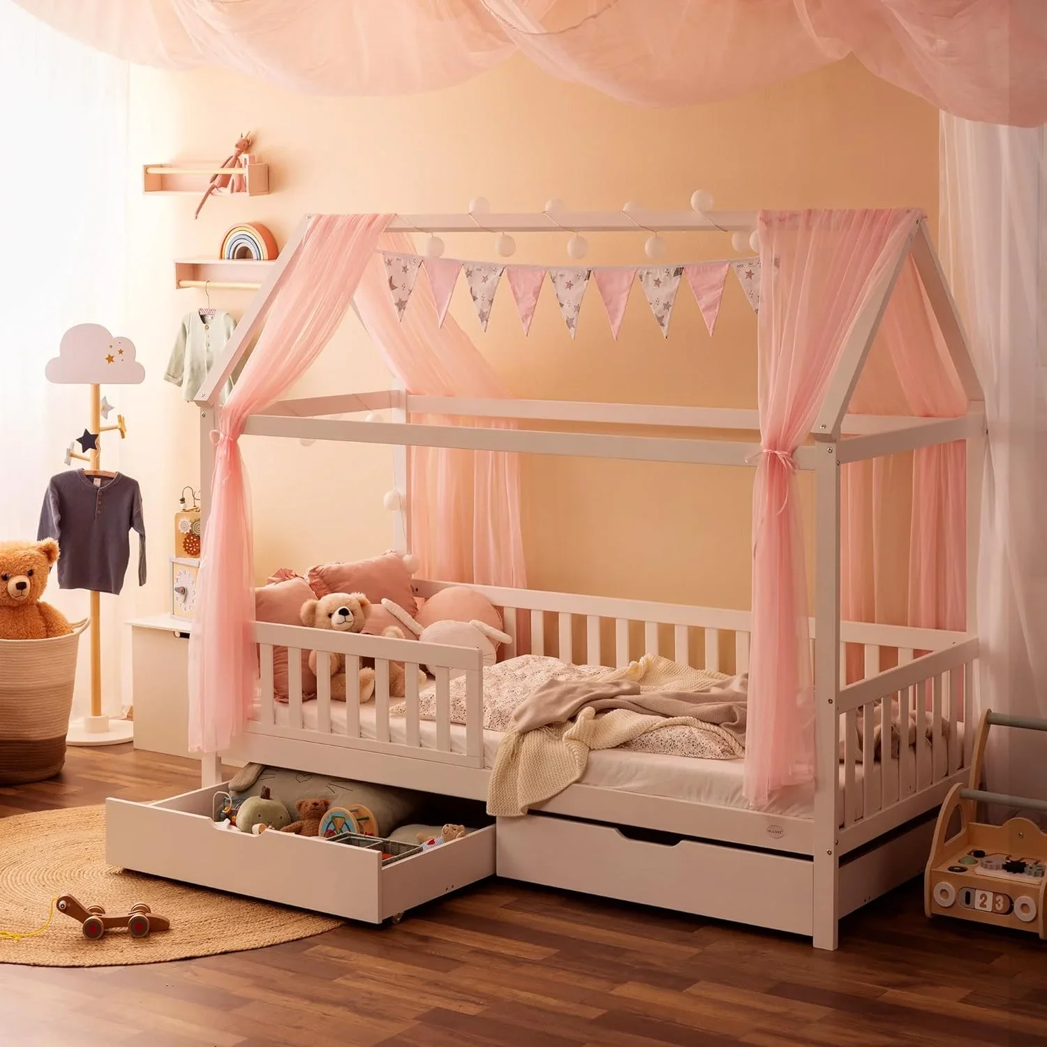 Cama de casa para niños de madera maciza con cajones de almacenamiento Cama infantil para niños y niñas con protección contra caídas y somier de láminas