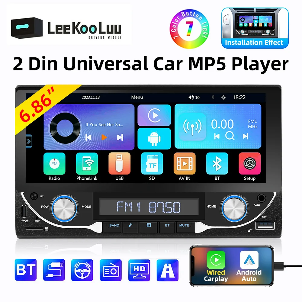 

LeeKooLuu 7 inch 2 Din Car Radio Stereo Universal MP5 Player Bluetooth FM Receiver Mirrrolink Carplay Android Auto Multimedia