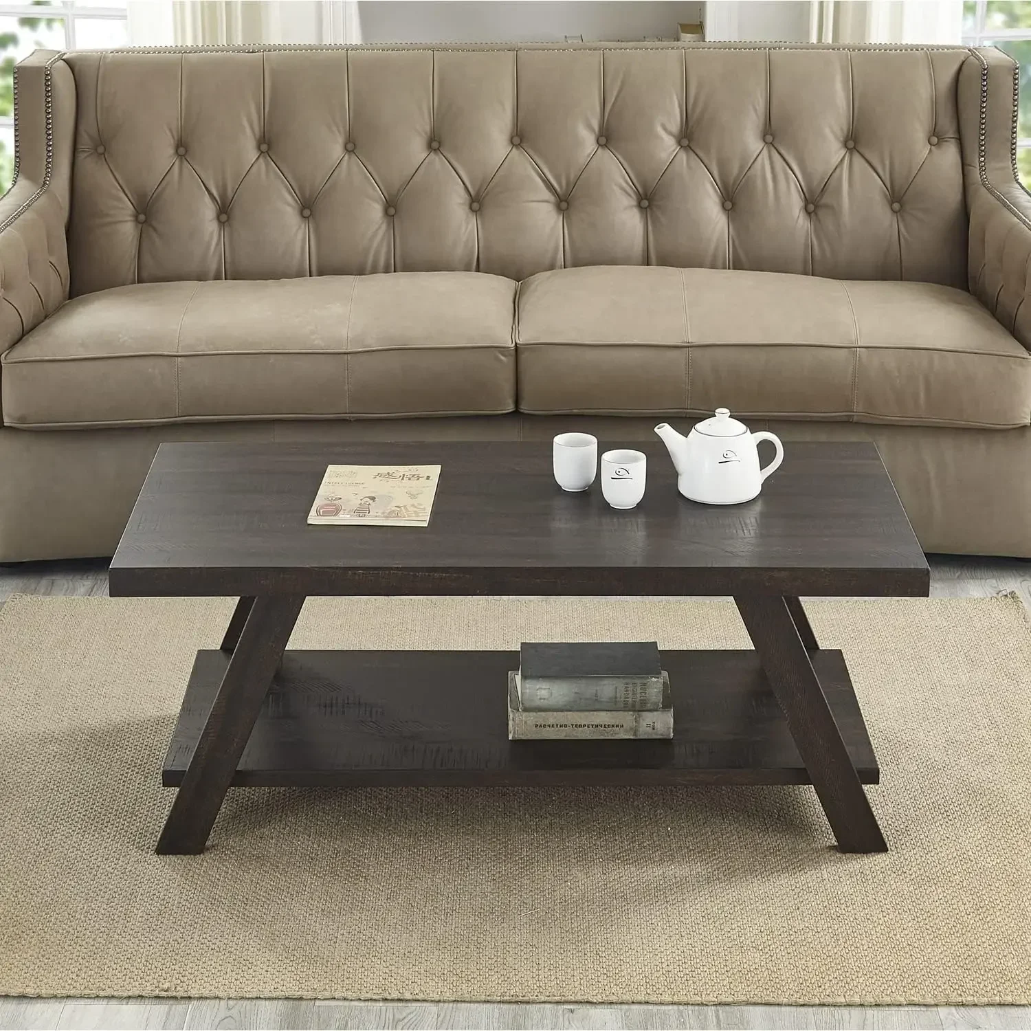 

Athens Contemporary Wood Shelf Coffee Table, Weathered Espresso