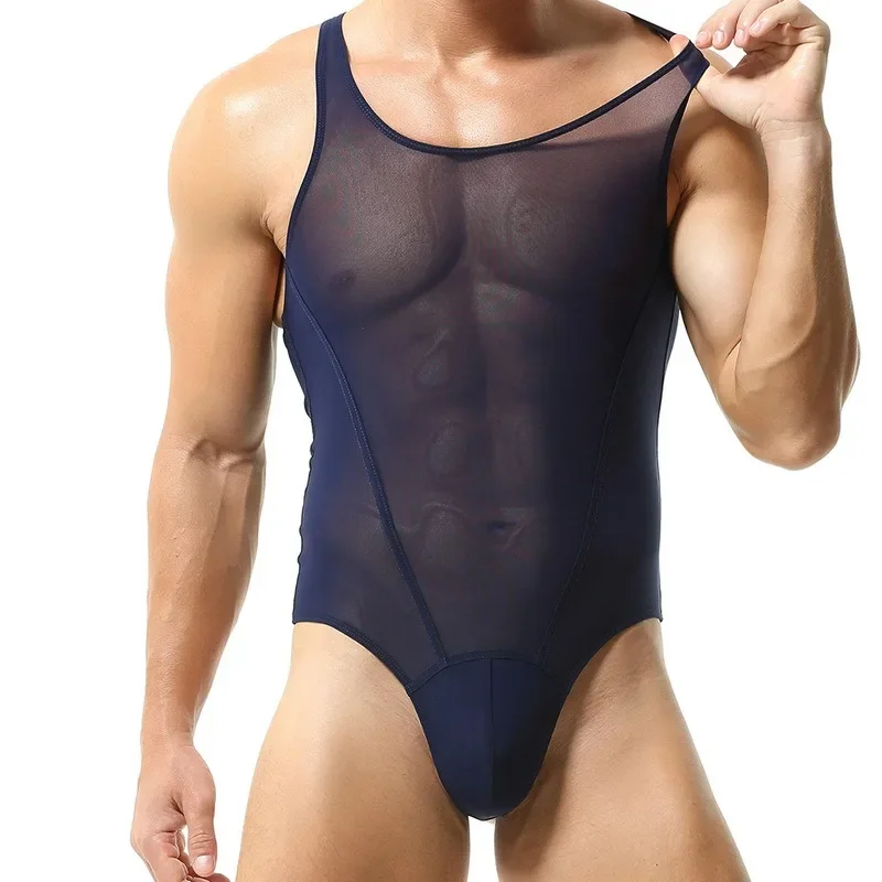 XXL Men Mesh Undershirts Leotard See Through Sissy Sheer Bodysuits T-back Thongs Silk Slip Jumpsuits Wrestling Singlet Underwear