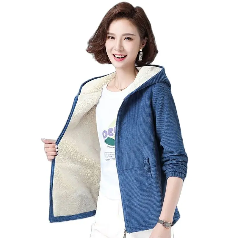 

Women's Jacket Corduroy Coat Spring Autumn Winter New Loose Large Size Short JACKET TOP Women Casual Hood Short Windbreaker