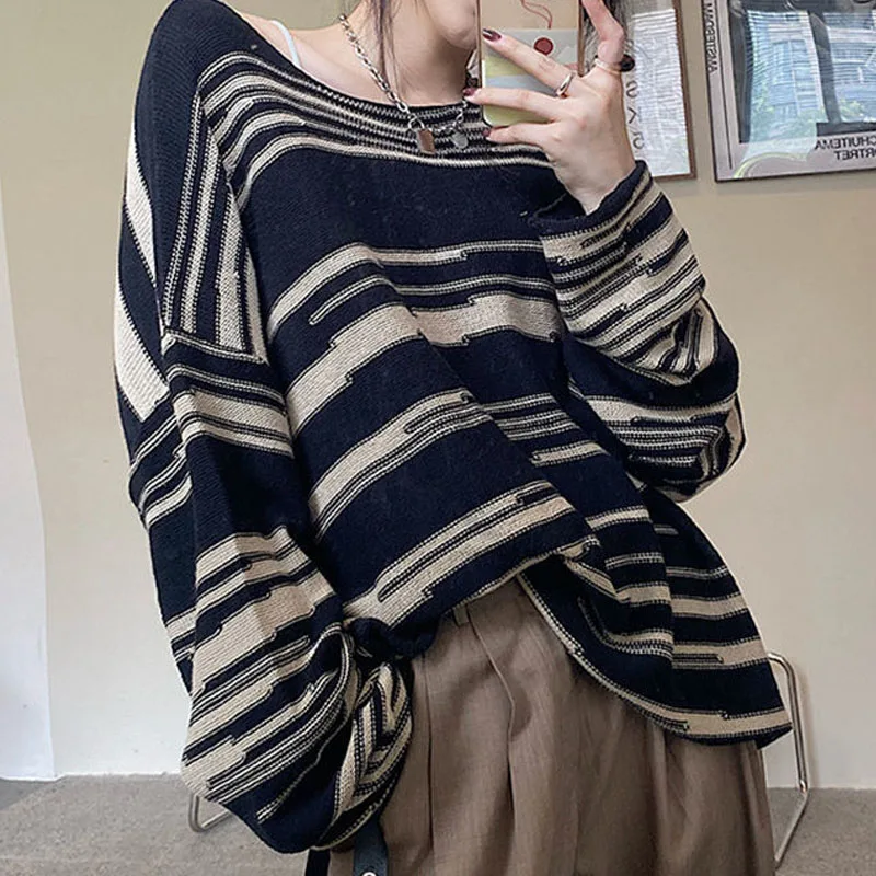 

Vintage Korean Round Neck Striped Knitted Tops Women's Clothing Spring Autumn Fashion Loose Long Sleeve Sweaters for Female