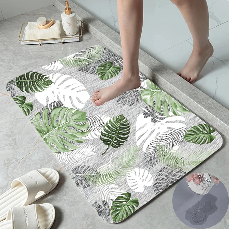 Leaf Printed Non-slip Super Absorbent Door Mat Diatom Mud Bath Kitchen Carpet Waterproof Entrance Rug for Home Living Room Decor