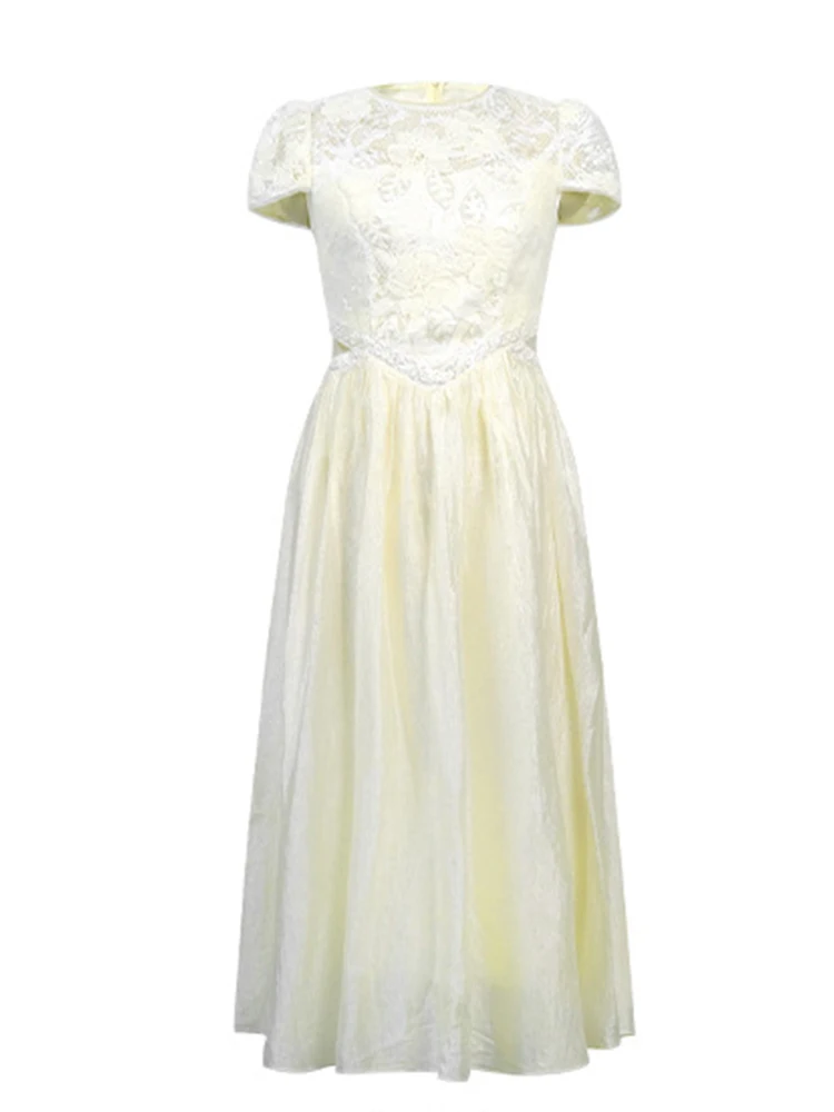 Robe de rencontre élégante de célébrité pour femmes, exquise, dentelle transparente, épissure, taille ajourée, Robe trapèze, charme féminin, fête