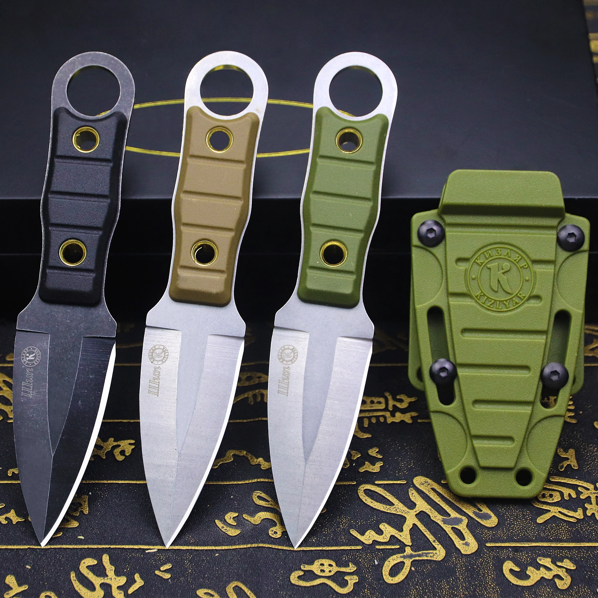 RU 440c Full Tang Outdoor Tactical Straight Knife +K sheath, copper rivet handle EDC tool knife, Jungle survival knife