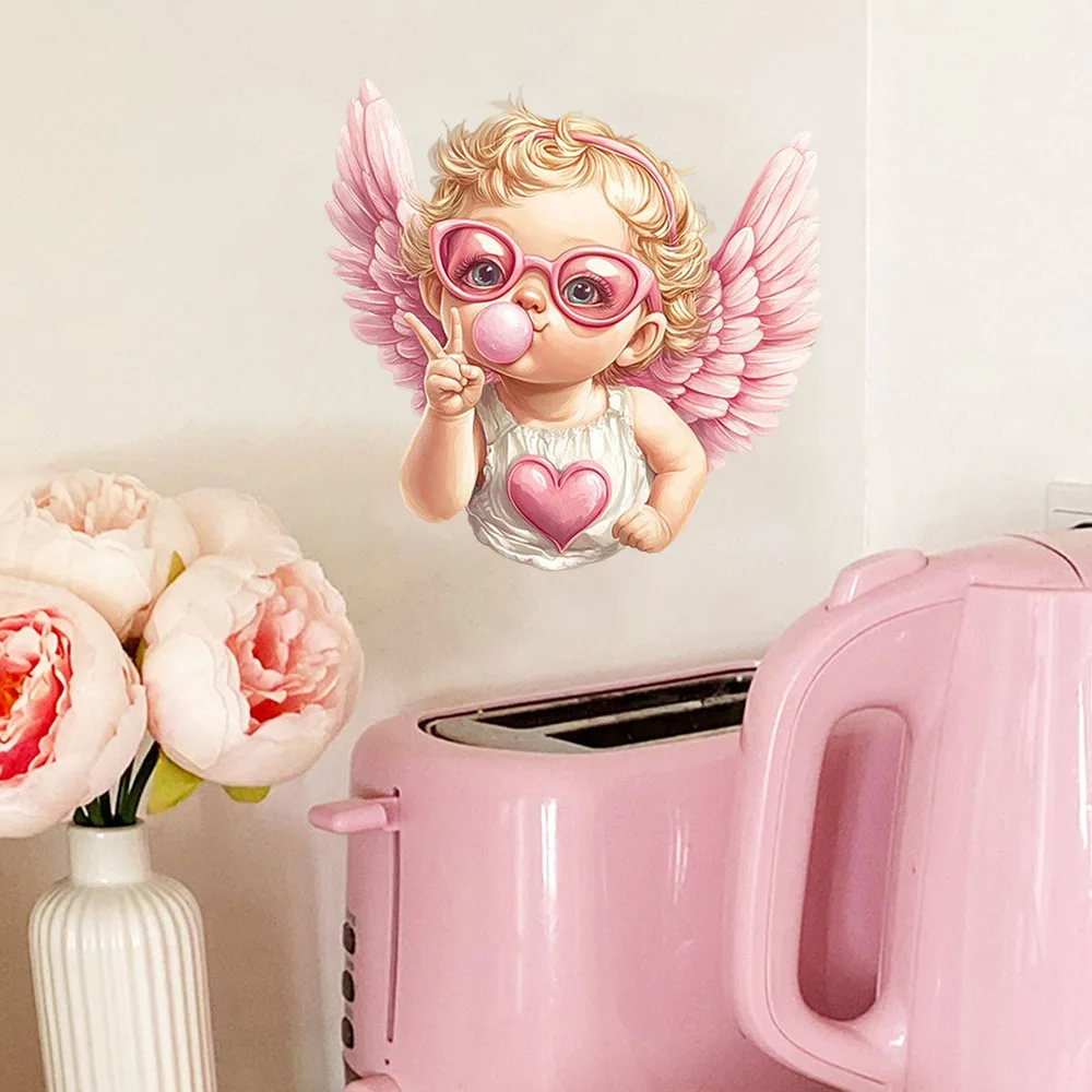 Lindas pegatinas de pared de ángel Cupido retro, calcomanía de ángel bebé con gafas de sol rosas y chicle