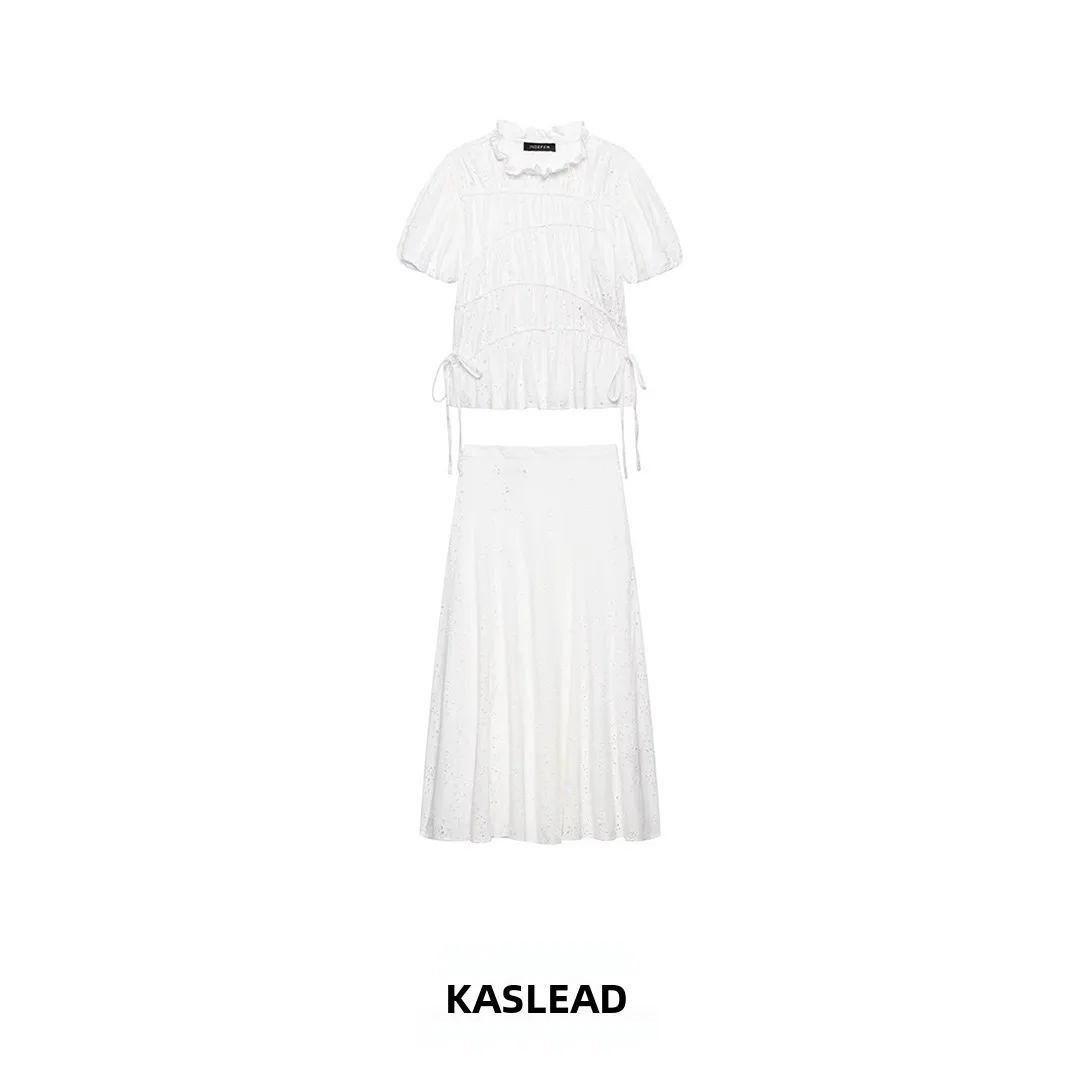 

KASLEAD New Women's Embroidered Hollow out Pleated Top And Half Skirt Fashion Set Summer Short Sleeve Two-Piece Ensemble