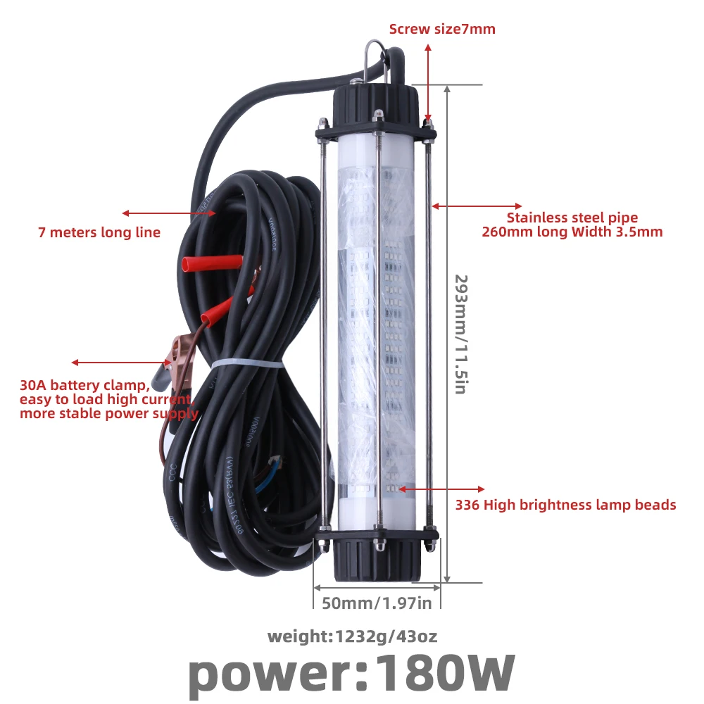 1 قطعة عالية الطاقة الأسماك تحت الماء مصباح الصيد 120 واط 180 واط 12 فولت 7 متر سلك الأخضر الأبيض الحبار شاد إغراء غاطسة الصيد مكتشف