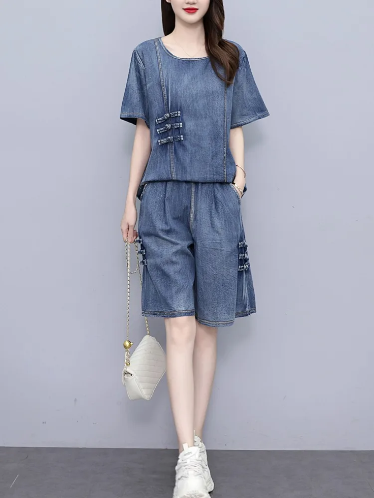 

Fashion Womens 2 Pieces Sets Loose Tshirts Vintage Tops Denim Outfits Classic Harajuku Jean Pants