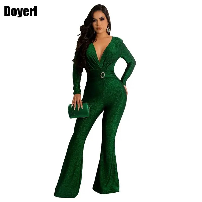 

Green Glitter Jumpsuit Women 2022 High Quality Wedding Guest Evening Overalls for Women Elegant Buckle Rhinestone Party Romper