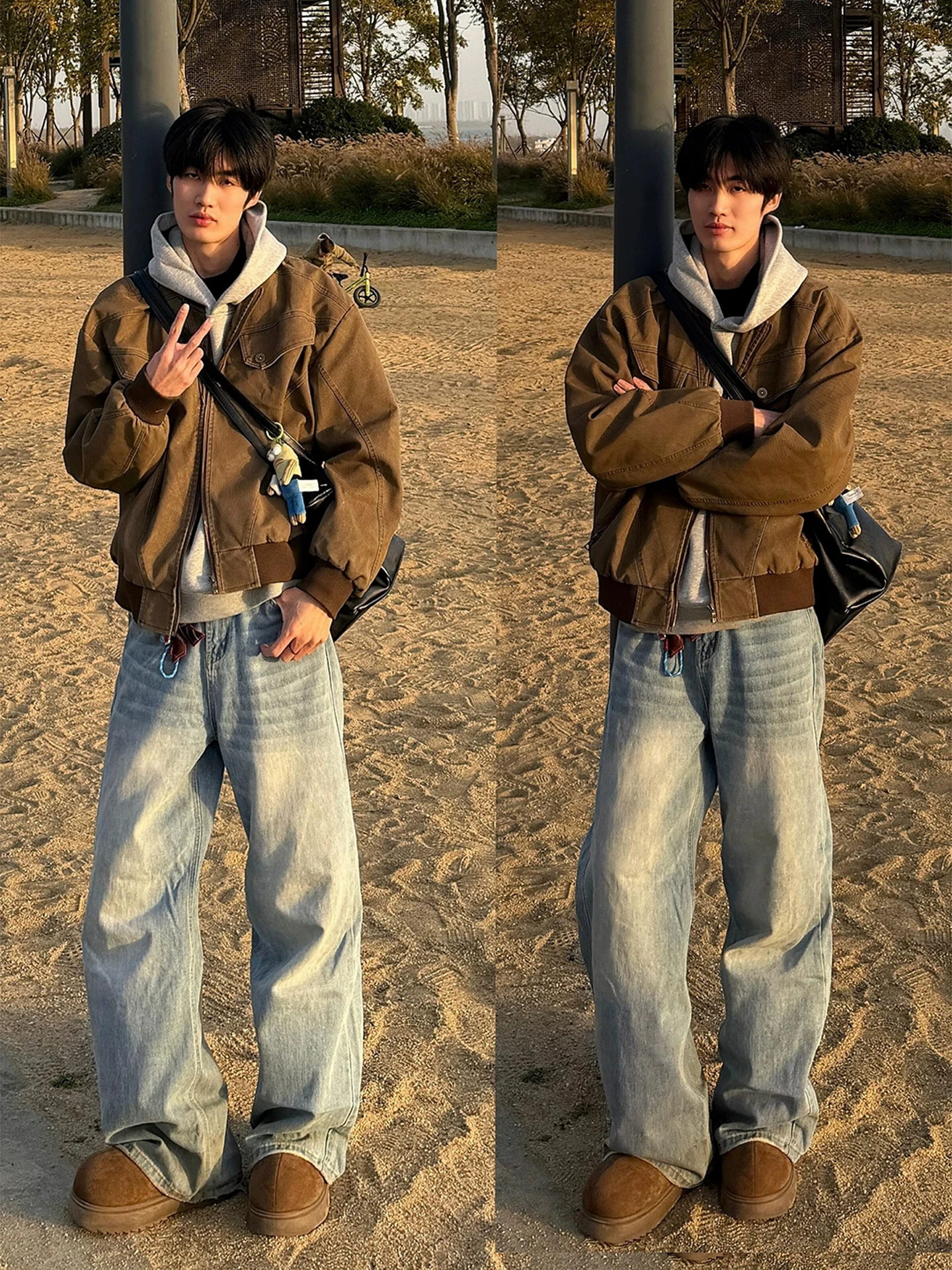 

Светло-голубые джинсы с широкими штанинами и подкладкой, мужские, с высокой талией, прямого кроя, в американском стиле, с эффектом потертости, Bell Bot