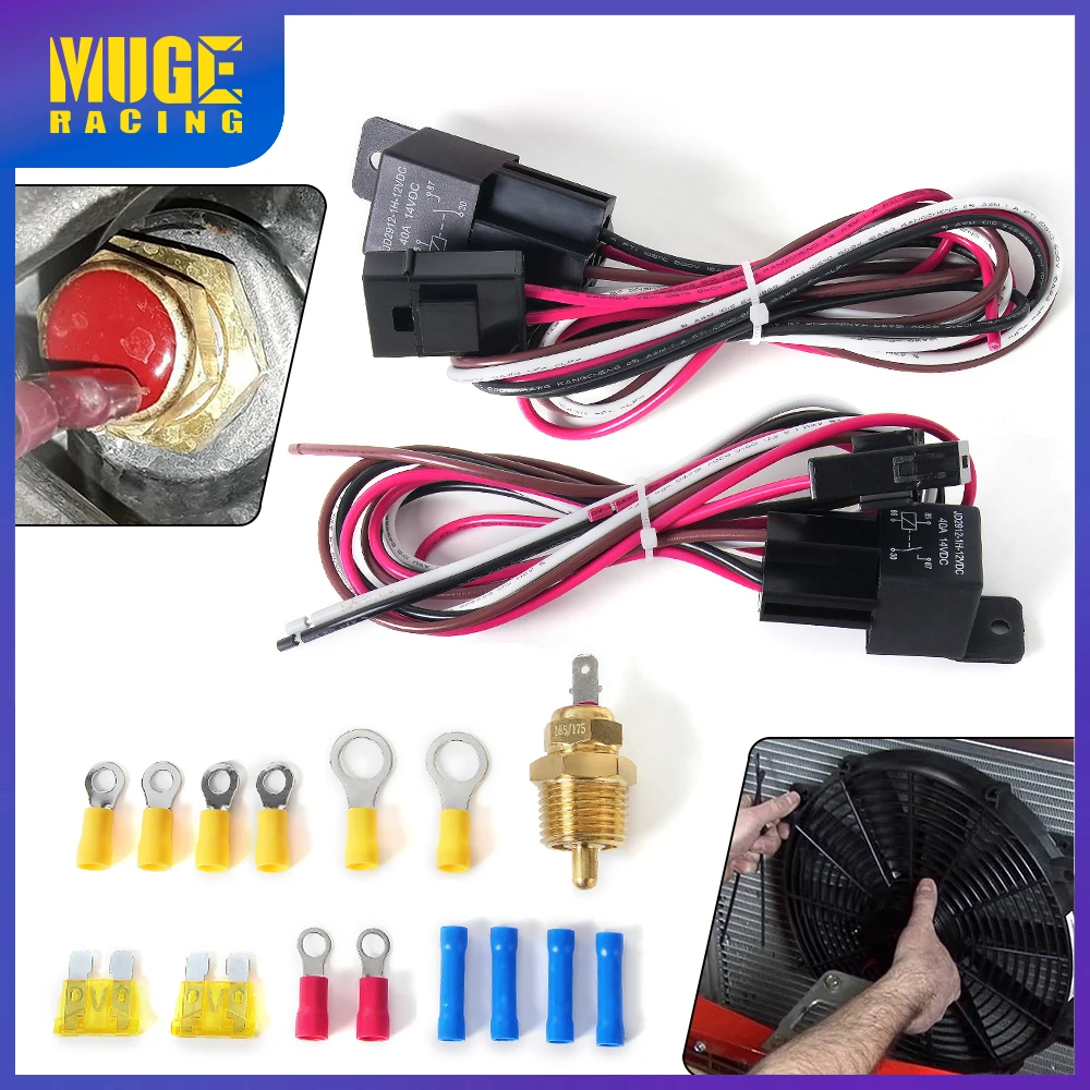 MUGE-40Amps Dual Electric Cooling Fan Wire Harness Install Kit 185F On 175F Off 12V Thermostat Fan Relay Switch Kit WH001