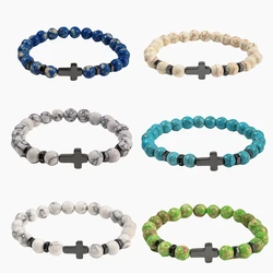 FTCY 8mm 7 Veins Natural Stone Bracelet for Women Men Cross Turquoise Beaded Crystal Elastic Cord Hand Chains Couple's Jewelry