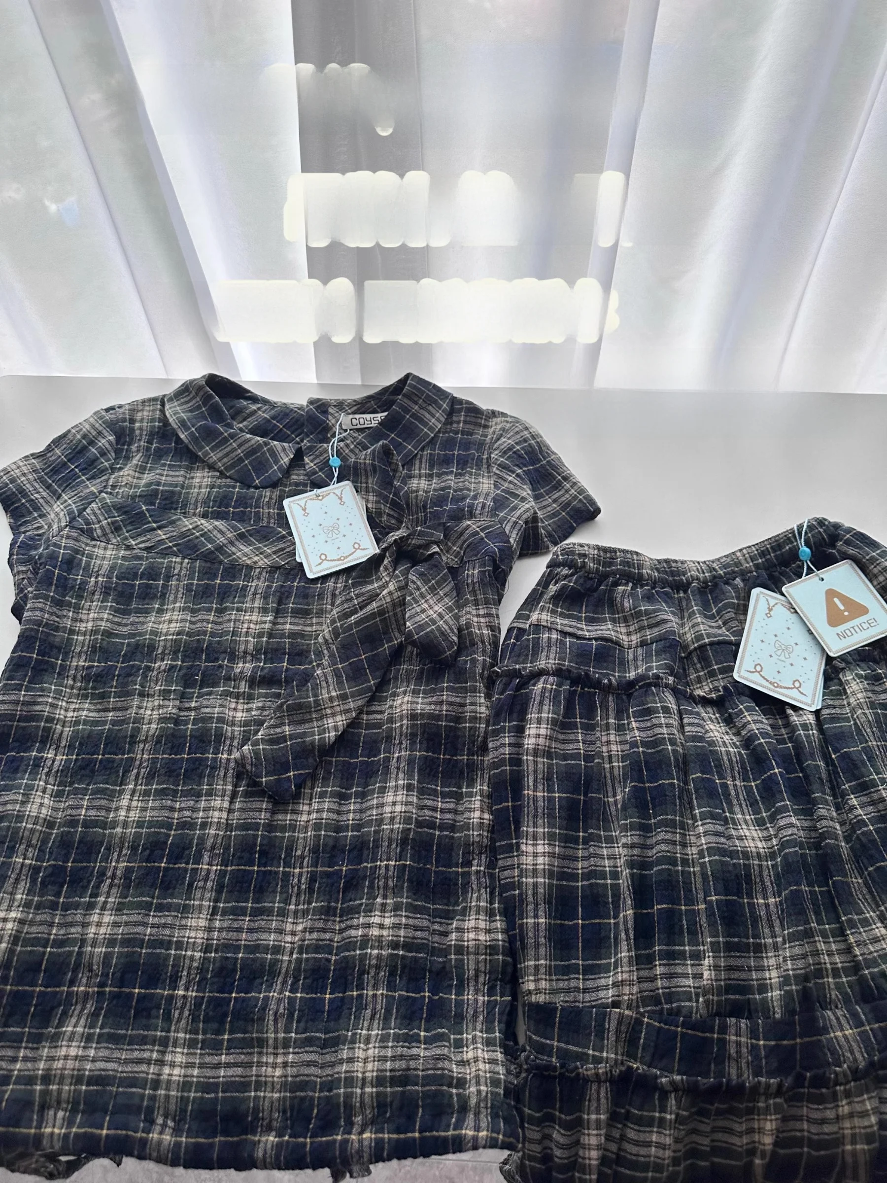 

Coyseio Plaid irt Doll Top f Skirt Two-Piece Set ort Sve Bow Tie Retro Korean Sle Belted Midi Skirt Women's Faion