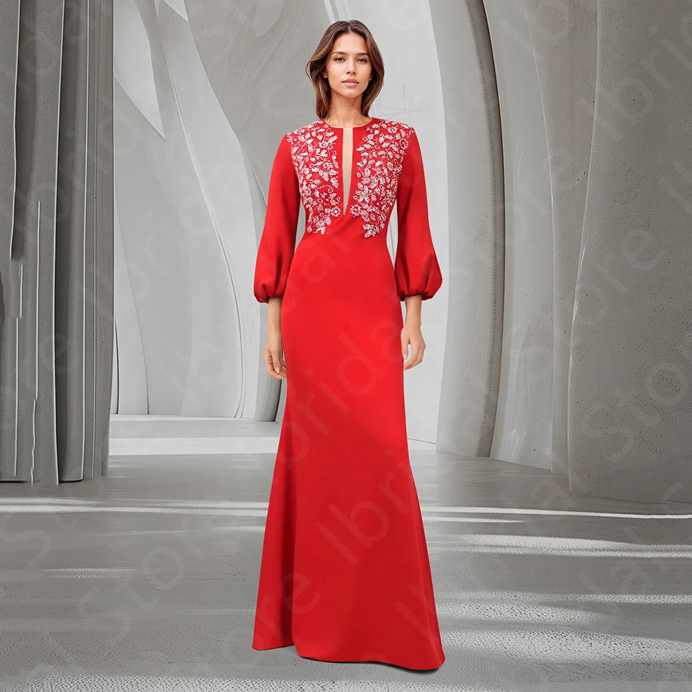 Customized Latest Red Evening Dresses Mermaid 2025 Arabic Prom Gown Lace Beading Top Wedding Guest Dress 3/4 Sleeves Middle East